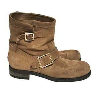 JIMMY CHOO 'Youth' Suede Moto Boots •Women 38/ 8•Brown Suede Biker Double Buckle